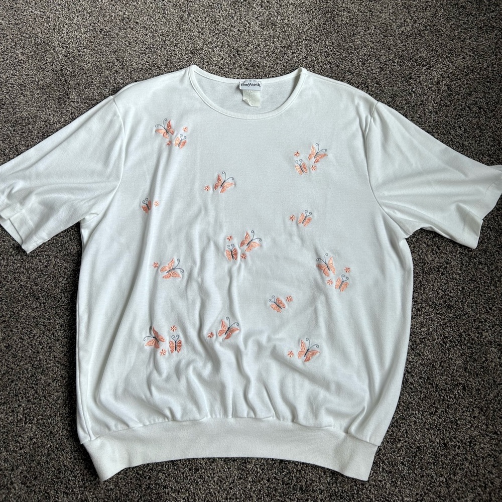 BonWorth White Shirt (Medium) with Peach/Salmon Embroidered Butterflies